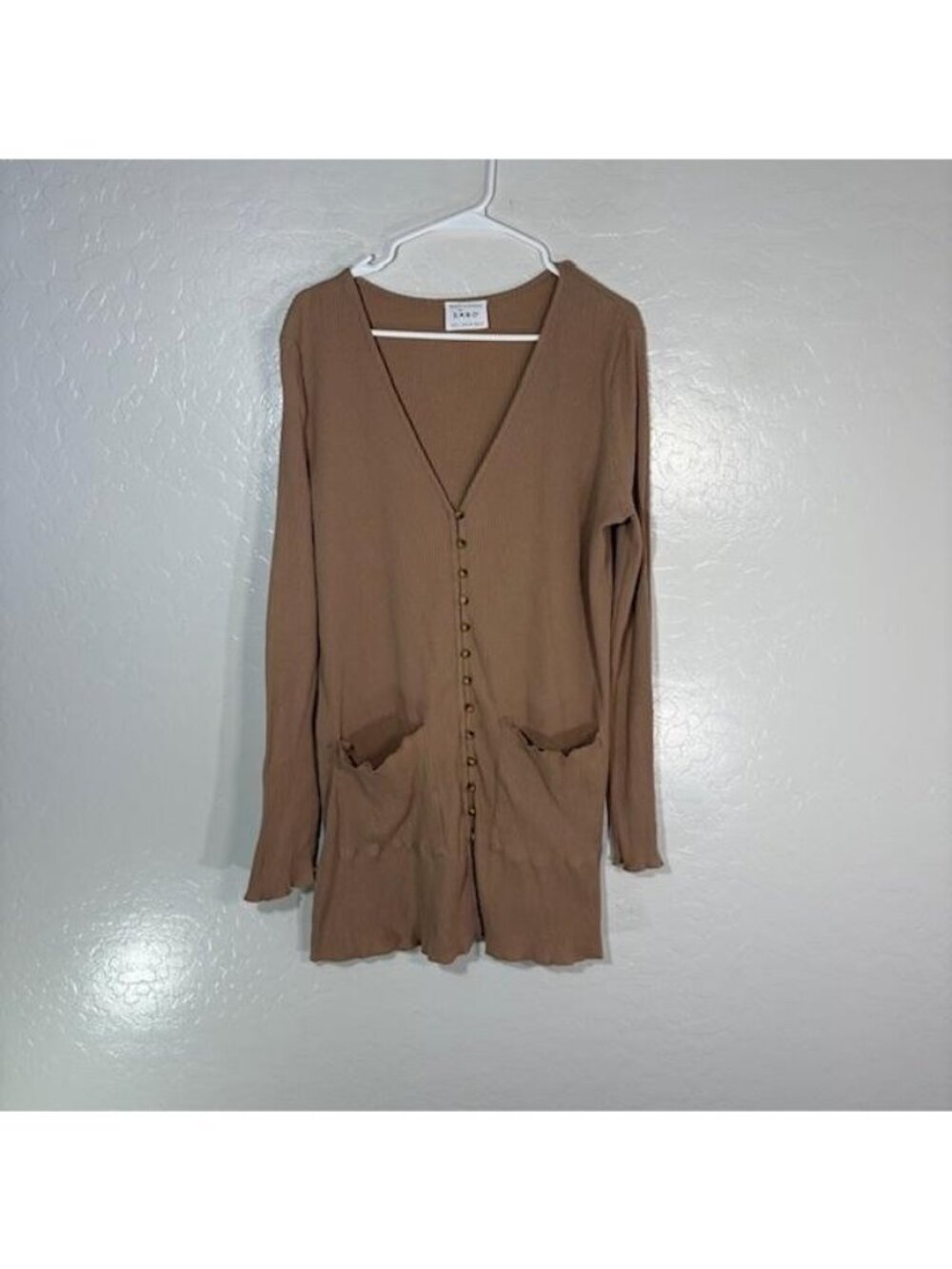 SABO Cardigan Sweater Womens Large Brown V Neck Button Front Pockets Ribbed Knit